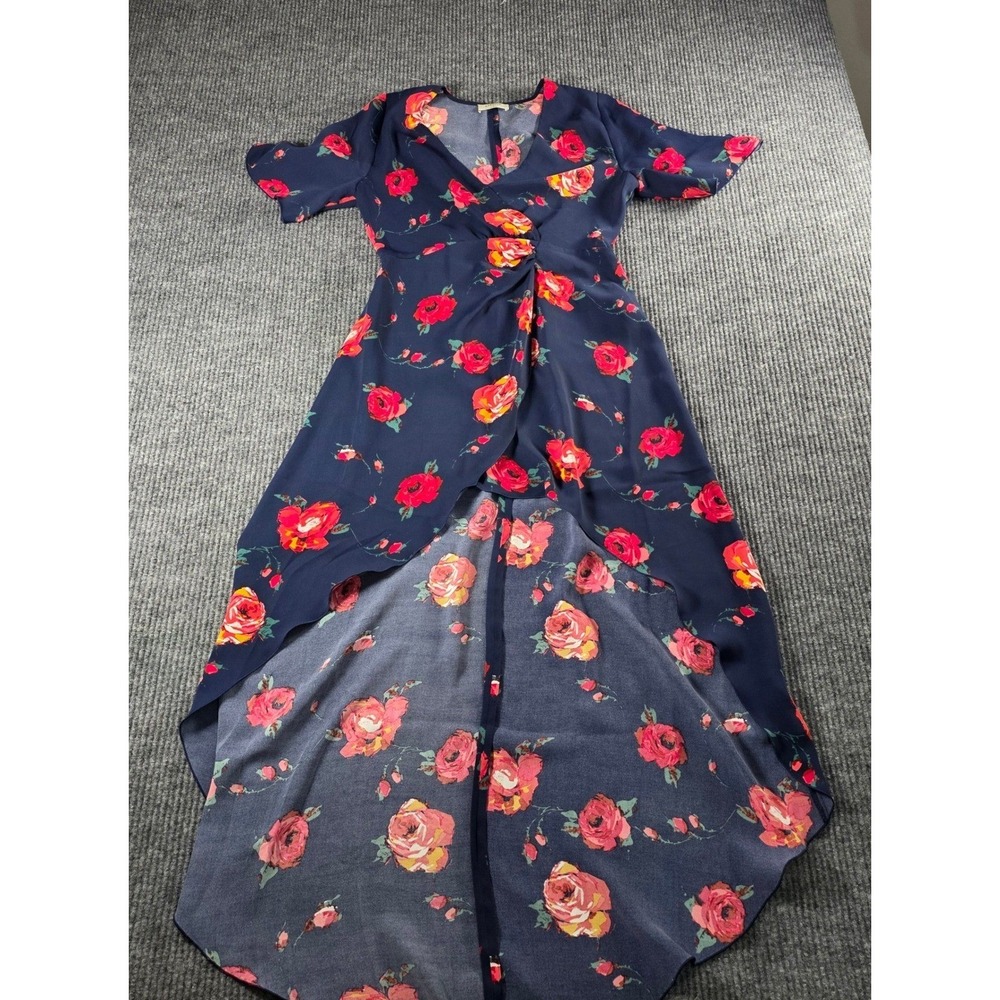 Babaton Navy Floral High-Low Dress Red Roses V-Neck Twist Front Size 6